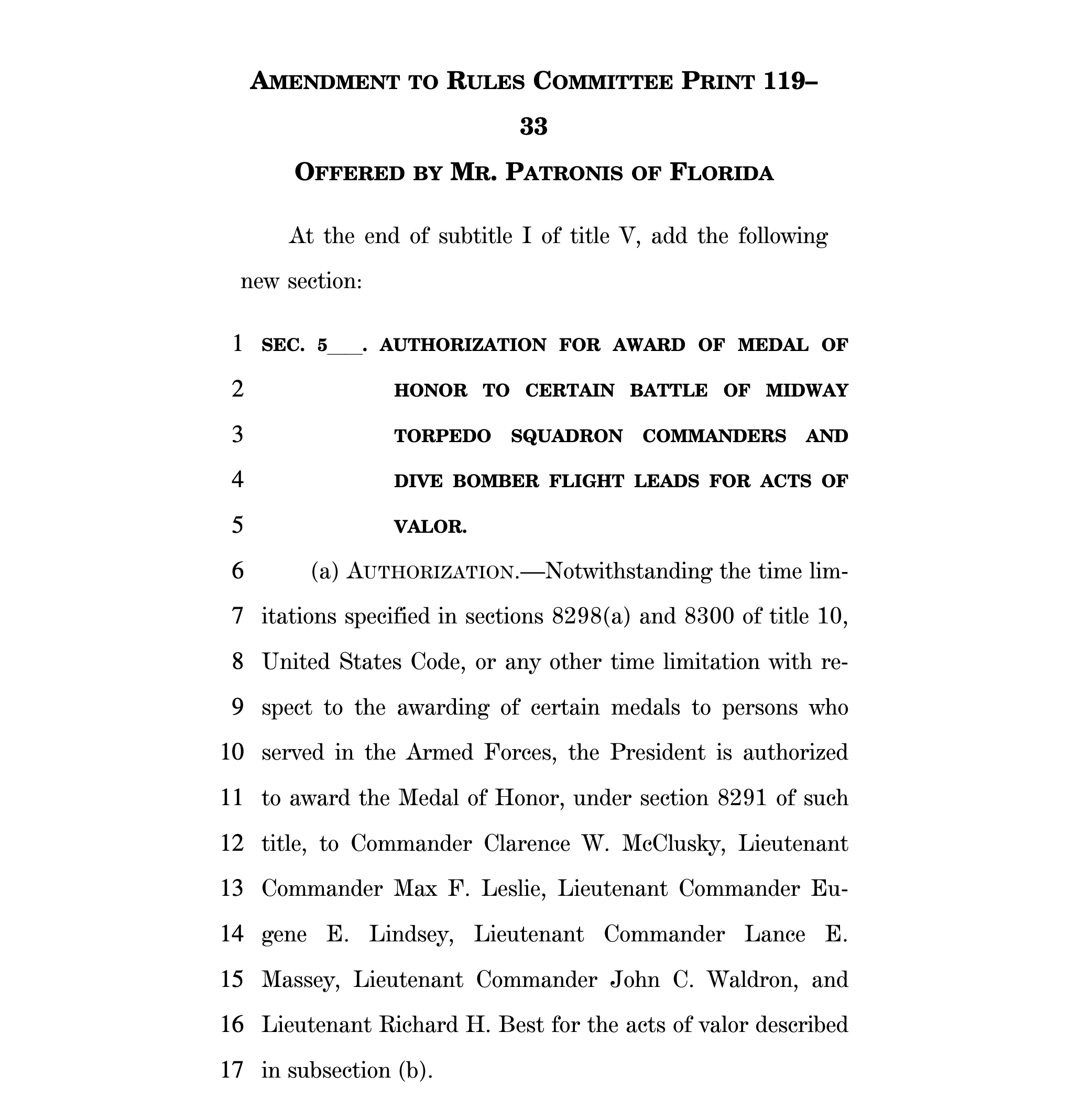 Congressional amendment offered by Congressman Jimmy Patronis authorizing the Medal of Honor for the Midway Six.