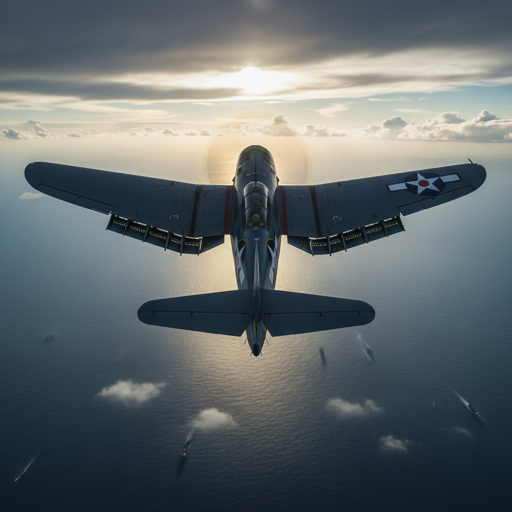 A dramatic, photographic realism image of a World War II U.S. Navy dive bomber captured mid-descent toward distant enemy ships far below. The aircraft is seen from behind and slightly above, its dark-blue fuselage and white star insignia sharply detailed, dive brakes open against the rushing wind. Far beneath, tiny silhouettes of warships scatter across the steel-blue ocean. Late afternoon light cuts through scattered clouds, casting shafts of brightness onto patches of water and highlighting the bomber’s riveted metal skin. The mood is tense and heroic, emphasizing courage and sacrifice. Shot with a cinematic, wide-angle perspective, the composition draws the viewer along the aircraft’s nose toward the target, with a sense of depth and motion blur subtly softening the horizon.