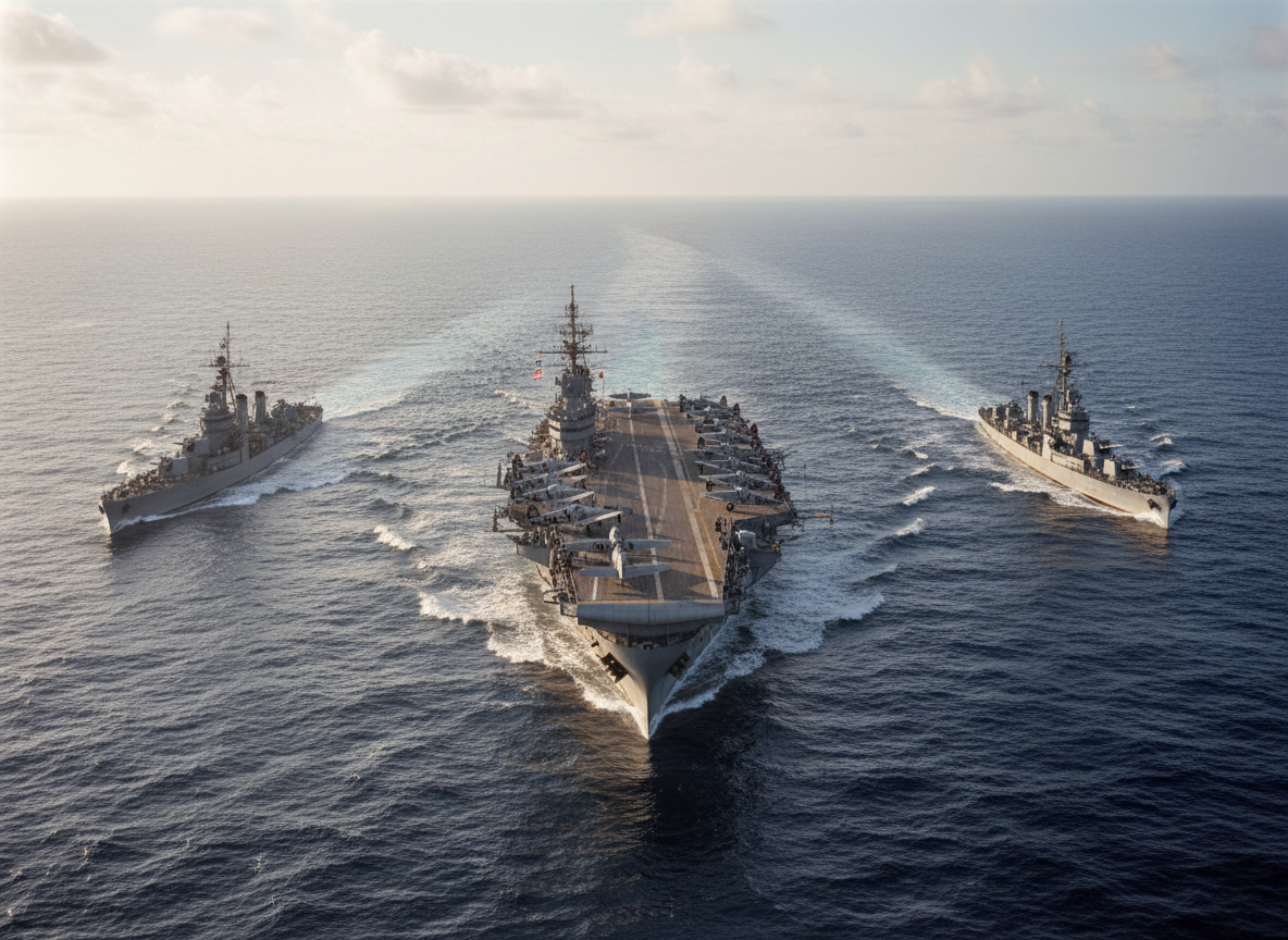 A wide photographic realism scene of the open Pacific Ocean during World War II, showing a U.S. Navy aircraft carrier and escorting destroyers cutting through choppy blue-gray water. The ships are detailed with weathered steel hulls, anti-aircraft guns, and radar masts, with aircraft parked neatly on the carrier’s wooden flight deck. Soft, slightly hazy morning light filters through thin clouds, creating gentle reflections on the waves and a solemn, respectful mood. Captured from a slightly elevated, distant angle with sharp focus throughout, the composition emphasizes the fleet’s formation and the vastness of the sea, evoking the historic scale of the Battle of Midway in a professional documentary style.