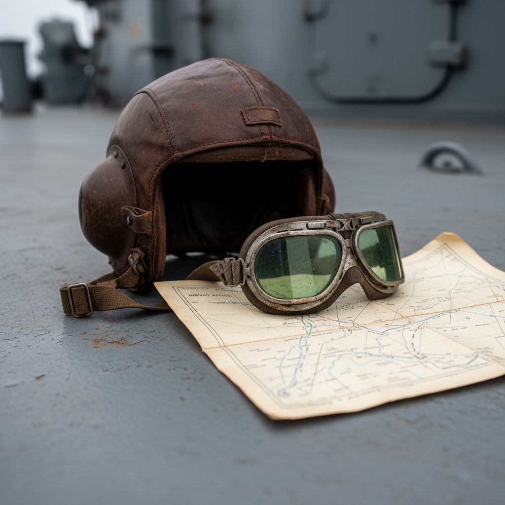 A close-up photographic realism image of a weathered World War II-era naval aviator’s leather flight helmet and goggles carefully placed on a gray-painted steel deck surface. Nearby lies a folded, vintage navigation chart of the Midway Atoll, its edges slightly curled and marked with pencil course lines. A muted, overcast daylight softly illuminates the scene, creating subtle highlights on the glass goggles and gentle shadows in the helmet’s creases. The mood is solemn and reflective, suggesting the presence and courage of unseen heroes. Shot from a low, three-quarter angle with shallow depth of field, the composition focuses tightly on the artifacts while the deck stretches into a softly blurred background, evoking the Battle of Midway without showing any human figures.