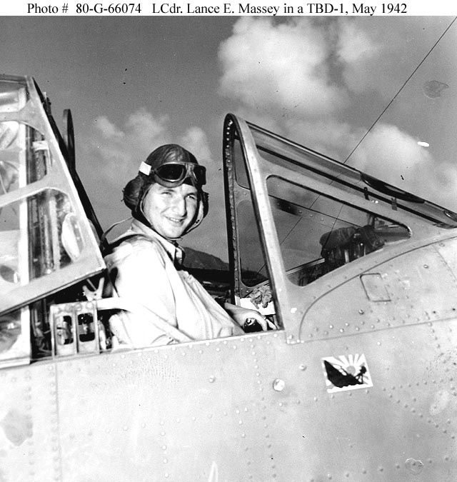 Lieutenant Commander Lance E. Massey seated in a Douglas TBD-1 Devastator at Ford Island in May 1942.