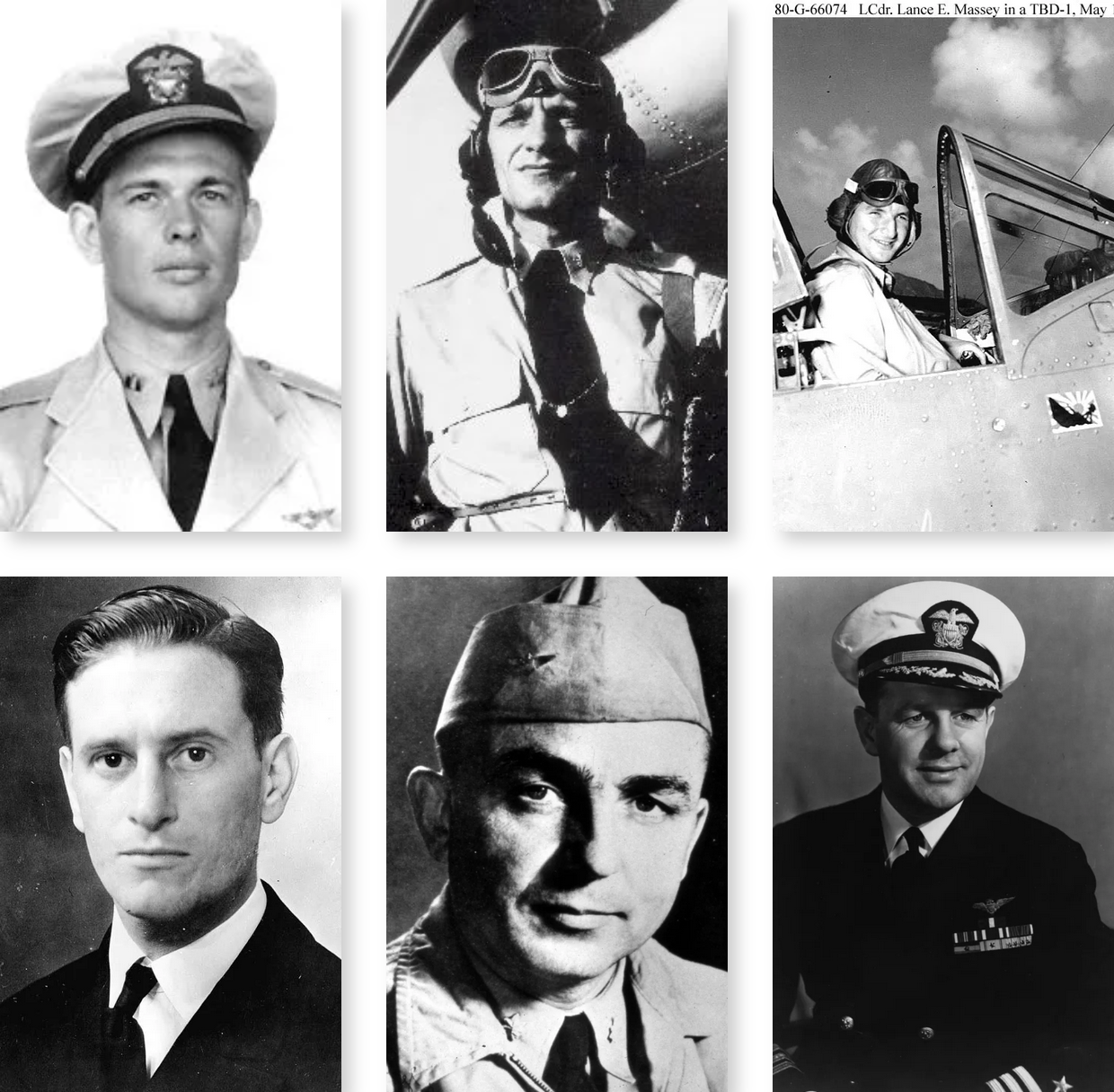 Composite image of the Midway Six: Best, Waldron, Massey, Lindsey, Leslie, and McClusky.
