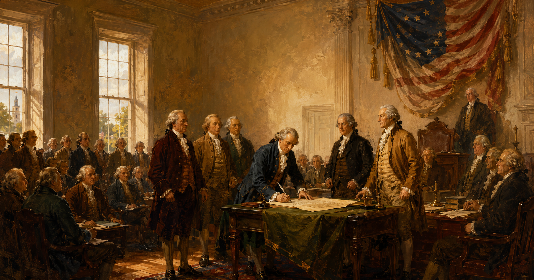 Oil painting style image of America’s Founding Fathers signing the Declaration of Independence in Philadelphia.